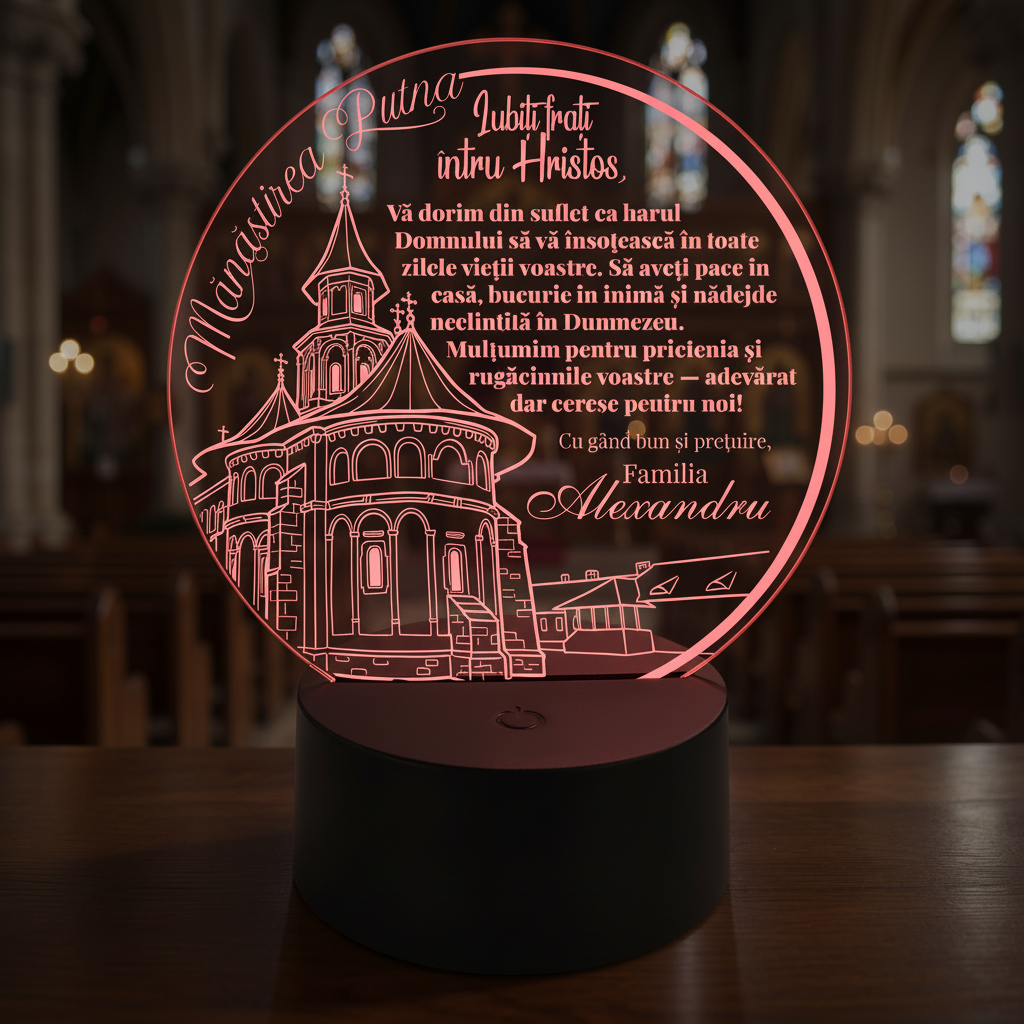 Trofeu cu LED personalizat – Cadou religios, model Manastirea Putna