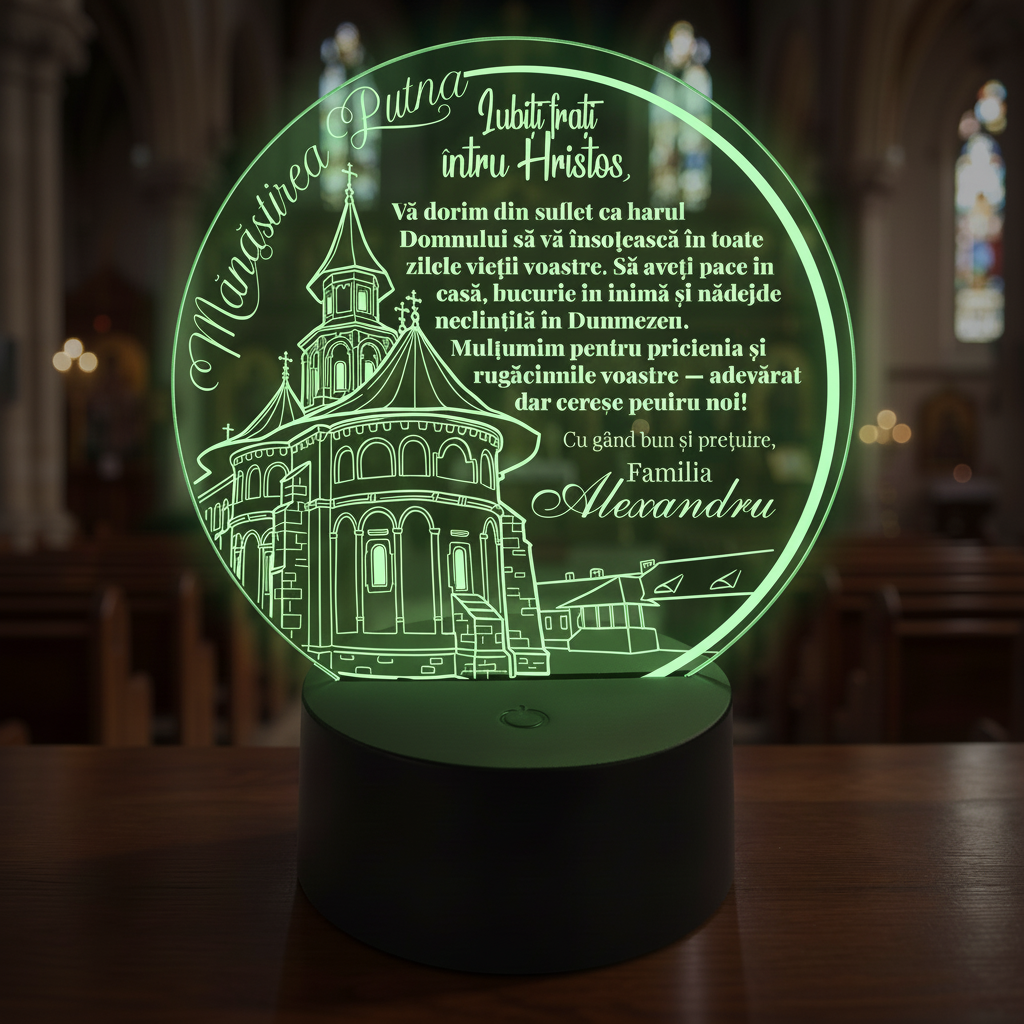 Trofeu cu LED personalizat - Cadou religios, model Manastirea Putna
